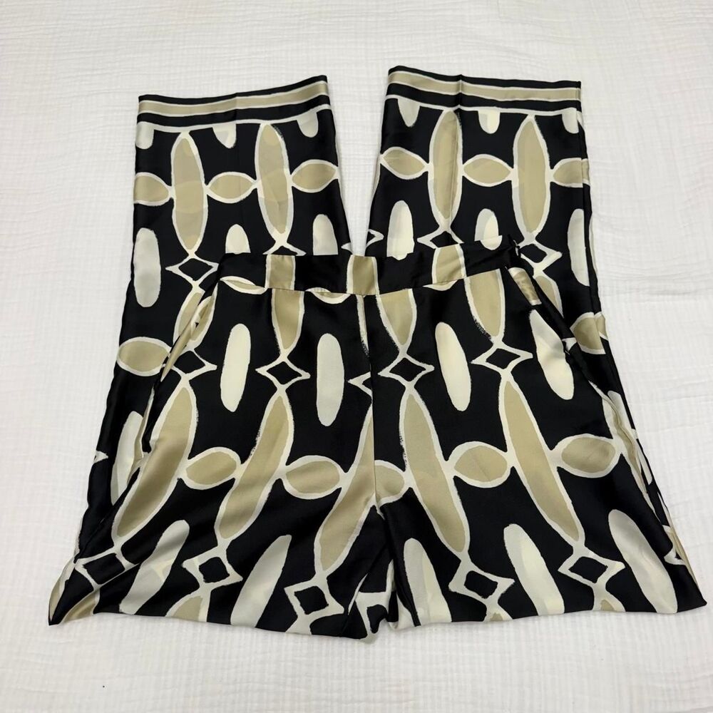 zara black beige geometric print satin trousers